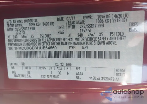 2017 Ford Escape Se z USA, uszkodzony, nr VIN 1FMCU0GD3HUE64569